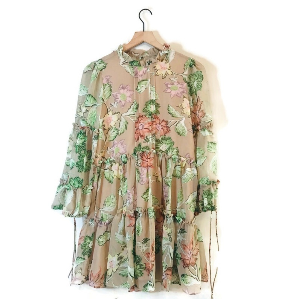 Princess Polly Eden Bloom Blush Floral Mini Beige Floral Ruffle Tiered Dress 0 - Picture 3 of 12